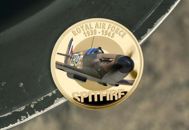 The RAF Battle of Britain Spitfire Coin reverse with blurred background