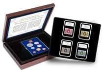 Royal Mint Proof set issued in 1977, including 1977 Silver Jubilee Crown. Set alongside a collection of one year only issued Silver Jubilee stamps, celebrating QEII's accession. Comes with COA.