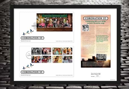 The Coronation Street Stamps Ultimate Edition presents Royal Mail's2020 Coronation Street Stamps in an A3 Frame. Only 250 are available worldwide. 
