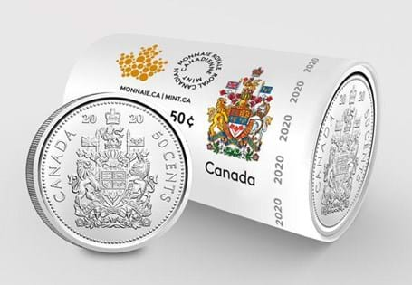 These 50 cent Special Wrap Circulation Rolls have been issued by The Royal Canadian Mint, featuring Canada's Coat of Arms. 30,000 rolls have been issued, each containing 25 coins.