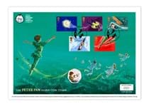 The Peter Pan Silver Coin Cover features the Isle of Man 2020 Peter Pan Silver Proof 50p, alongside Royal Mail stamps: Captain Hook, Crocodile and The Darlings' First Flight, with special postmark.