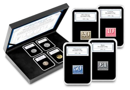 This collection includes the first decimal commemorative "Decimal to Pay Labels" issued in June 1970 to prepare for Decimalisation. The stamps are paired with the first ever 10p, 20p, 50p & £1 coins.