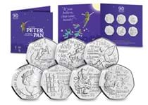The 2020 Peter Pan 50p Set includes 6 coins, each coin features a character from Peter Pan along with a quote from the Peter Pan novel. Comes in themed presentation pack. Designed by David Wyatt.