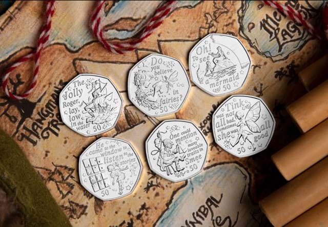 The 2020 Official Peter Pan 50p Coin Set Reverses on illustrated map