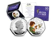 The 2020 Peter Pan Silver Proof 50p features an illustration of Peter Pan and Tinkerbell along with the quote 'Do you believe in fairies?', created by David Wyatt. The coin is struck from .925 silver