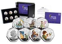 The 2020 Peter Pan Silver Proof 50p Set includes 6 coins each featuring a different character along with a quote from the book. The coins are struck from .925 Silver with selecive coloured ink. 