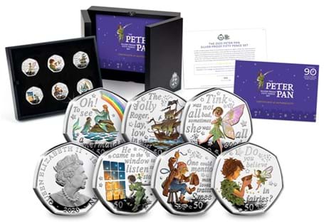 The 2020 Peter Pan Silver Proof 50p Set includes 6 coins each featuring a different character along with a quote from the book. The coins are struck from .925 Silver with selecive coloured ink. 