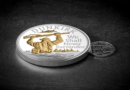 2020 commemorates the 80th anniversary of the evacuation of Dunkirk. This 65mm 5oz coin is struck from .999 Silver with selective 24ct goldplate and features the quote 'We will never surrender'.