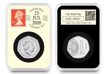 This UK 2020 DateStamp Issue features the Rosalind Franklin 50p issued by the Royal Mint. Postmarked 25th July to mark the 100th anniversary of her birth. Comes protectively encapsulated with CoA.