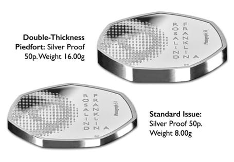 This UK Piedfort 50p has been issued by the Royal Mint to commemorate Rosalind Franklin and contributions to science. Struck from .925 Silver to Proof finish. Presented in original presentation box.