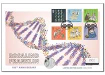 This cover brings together The Royal Mint's UK 2020 Rosalind Franklin Silver Proof 50p & Royal Mail's Secret of Life & Molecular Structures stamps, postmarked with the 100 year anniversary, 25.07.20