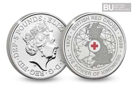 This £5 coin has been issued to celebrate the 150th Anniversary of the British Red Cross and features colour printing within the design. 
