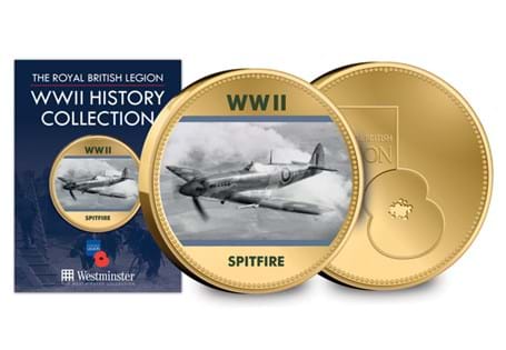 The Official RBL Spitfire Commemorative features an archive photograph of a Supermarine Spitfire in flight during World War II. Obverse features RBL logo. Comes presented in Official Collector Card.