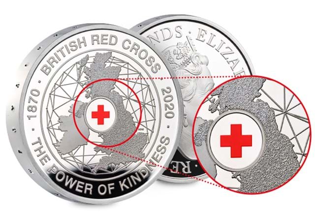 UK 2020 British Red Cross Silver Piedfort £5 Coin both sides with close up of cross
