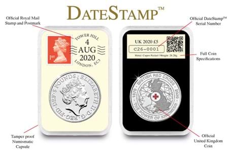 This 2020 DateStamp £5 features the British Red Cross £5 issued by The Royal Mint. It is postmarked with the date 4/8/20 to mark 150 years since the formation of the British Red Cross. 