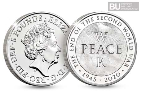 This £5 coin has been issued to mark 75 years since the end of the Second World War. It has been protectively encapsulated and certified as Brilliant Uncirculated quality.
