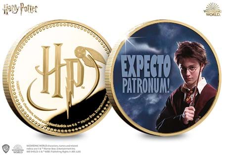 This official Harry Potter medal features UV technology that reveals Harry's Patronus on the reverse. Obverse features official Harry Potter logo. 24 Carat Gold -plated, struck to a proof-like finish.
