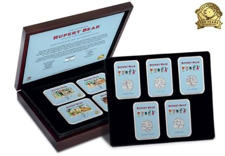 The Rupert Bear Premium Capsule Edition presents the Isle of Man 2020 Rupert Bear BU 50p coins & Royal Mail's 2020 Rupert Bear stamps. Postmarked with the stamps' First Day of Issue, 03.09.20