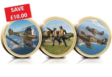 The Battle of Britain Commemorative Set features 3 medals with full colour images of the Spitfire, Hurricane, and the 'Scramble'. Each medal is 24 carat gold-plated and struck to a proof-like finish. 