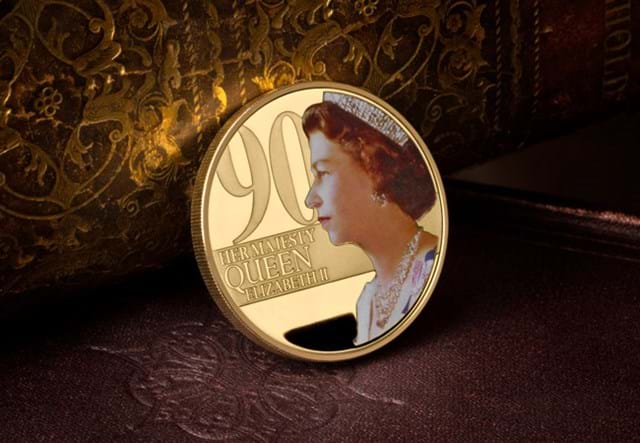 Jersey 1996 gold 50p QEII colour portrait 90th Birthday Coin with gold and black background