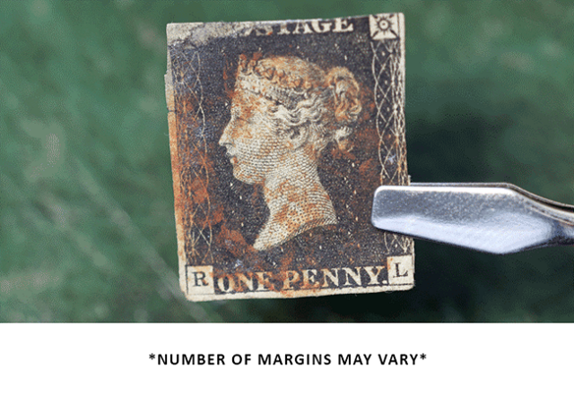 The 1840 Penny Black Stamp in tweezer with green background *NUMBER OF MARGINS MAY VARY*
