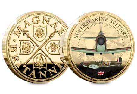 The Supermarine Spitfire Commemorative features a full colour image of a Supermarine Spitfire. The commemorative is plated in 24-carat gold.