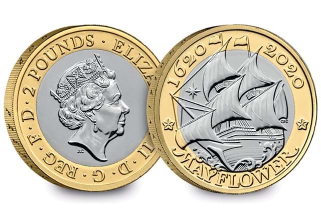 Mayflower 400th Anniversary UK £2 Coin Cover coin Obverse and Reverse