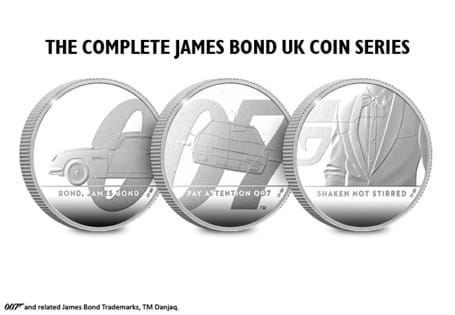 All three James Bond 1oz Silver Proof coins issued by The Royal Mint in the 007 series. Struck from .999 Silver to a Proof finish. Comes in Royal Mint presentation case. EL of each coin is 7,007.