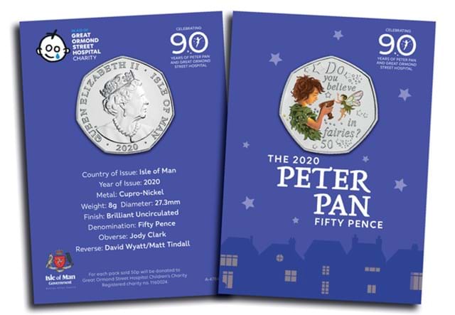 The 2020 Peter Pan Colour 50p Notecard Obverse and Reverse in packaging