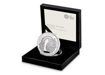 This is the official Royal Mint £5 coin issued by The Royal Mint as part of the Tower of London collection. It has been struck from .925 Silver to a Piedfort specification and proof finish.
