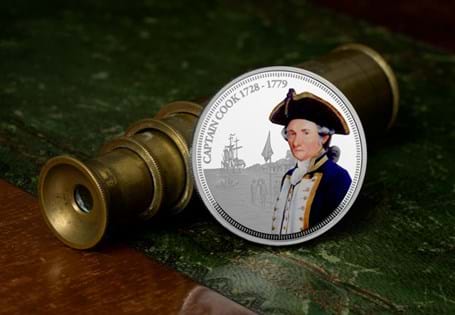 The Captain Cook Silver-Plated Proof Coin features a full colour portrait of the explorer, with an engraved illustration in the background depicting when he discovered the east coast of Australia.