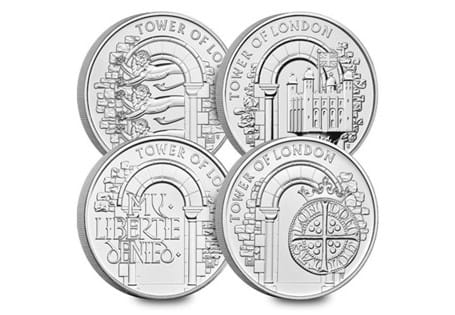 This set includes all four £5 coins issued in The Royal Mint's Tower of London 2020 £5 Series - The White Tower of London £5, The Royal Menagerie £5, The Royal Mint £5 and The Infamous Prison £5.