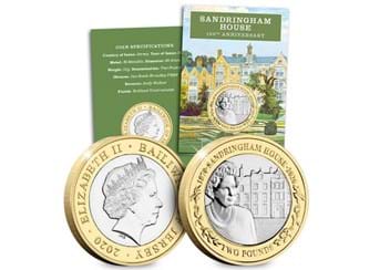 2020 Sandringham House 150th Anniversary BU £2 both sides in forefront and packaging in background