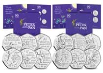 The  2019 and 2020 Official Peter Pan sets together.  Includes 12 coins, each with specially commissioned designs by David Wyatt. All struck to a brilliant uncirculated quality in themed presentation