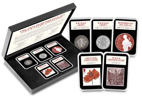 This collection marks Remembrance Day 2020. It includes coins from WWI & WW2, as well as a stamp to mark both the commemoration of both World Wars. Also includes the 2020 Remembrance Day BU £5 coin.