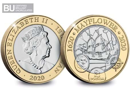This £2 has been issued by the Isle of Man to mark the 400th anniversary of the Mayflower's pioneering voyage.