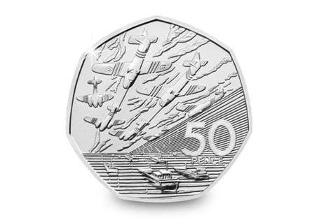 Issued in 1994 to commemorate 50 years since the D-Day landings during WWII. Reverse design features an armada of ships and planes. This is an older 50p piece which cannot be found in circulation.