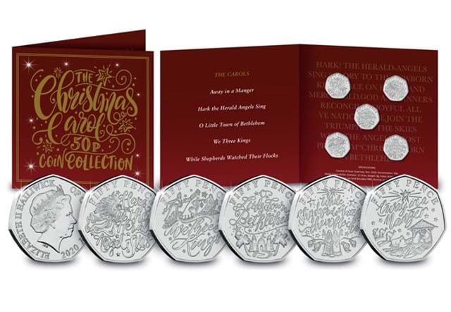 The Christmas Carol 50p Coin Collection Pack reverses with obverse in forefront and open and front of pack behind
