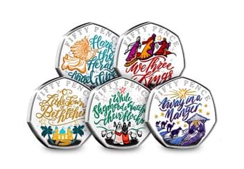 The 2020 Christmas Carol Silver Proof 50p Coin Collection reverses with white background