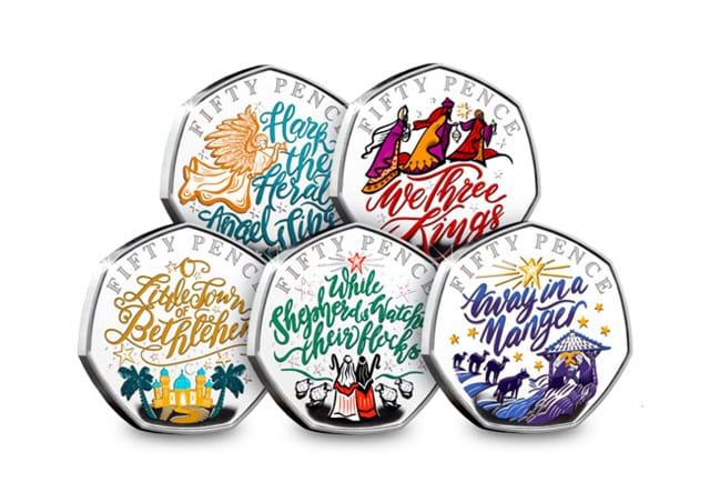 The 2020 Christmas Carol Silver Proof 50p Coin Collection reverses with white background
