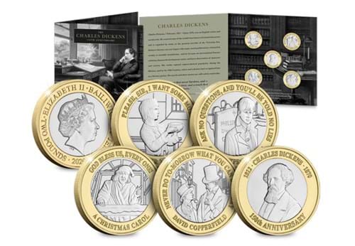 Charles Dickens 150th Anniversary BU £2 Set reverses in forefront and packaging behind