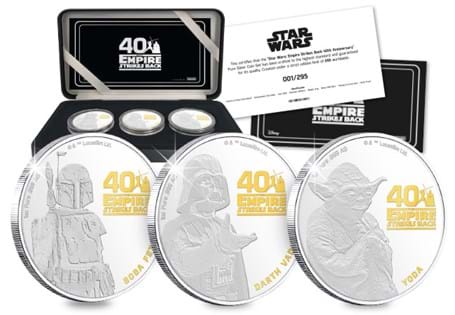 2020 marks the 40th anniversary of the Star Wars film, Empire Strikes Back. And 3 stunning PURE Silver coins have been released featuring Darth Vader, Boba Fett and Yoda. Limited to just 295.