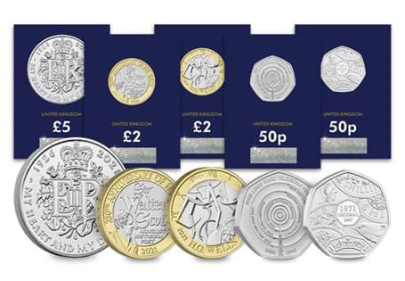 The 2021 Commemorative Coin Pack includes: Decimalisation 50th Anniversary 50p, John Logie Baird 50p, Sir Walter Scoot £2, Queen Elizabeth II 95th Birthday £5 and HG Wells £2, all in BU quality.