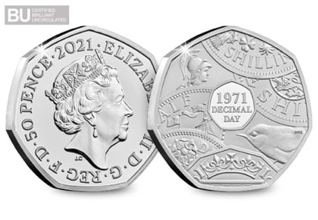This 50p has been issued to mark the 50th Anniversary of Decimalisation. This 50p has been protectively encapsulated and certified as Brilliant Uncirculated quality.
