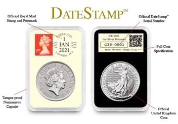 A Celebration of the United Kingdom Stamp and Silver DateStamp Presentation Capsule with labelled diagram