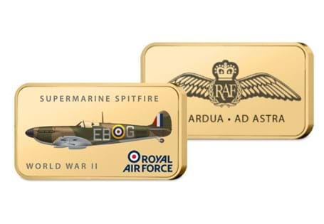 The RAF Supermarine Spitfire 24 Carat Gold-Plated Ingot features a full colour illustration of the iconic aircraft. The reverse features an engraved RAF Wings logo with their motto. 