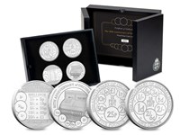 Your Decimalisation Proof Coin Set features 4 new coins, an Isle of Man Decimalisation Crown and £5, a Jersey £5 coin and a Guernsey £5. All of the coins are struck to a Proof condition. EL: 4,995