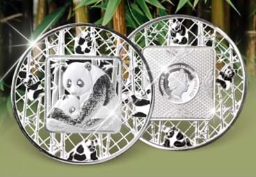 Panda Filigree Silver 2oz Coin Reverse and Obverse with a bamboo background