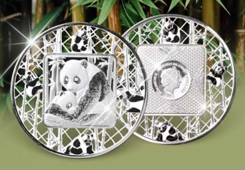 Panda Filigree Silver 2oz Coin Reverse and Obverse on a bamboo background