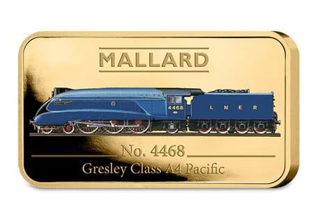 The 24 Carat Gold Plated ingot features an image of the Mallard Locomotive by Stuart Black. The obverse features the 'The Great British Railway Heritage Ingot Collection' and Stuart Black's signature.